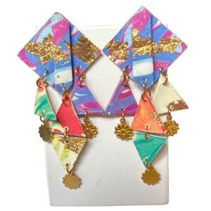 Multicolor Geometric Drop Earrings with Gold Accents